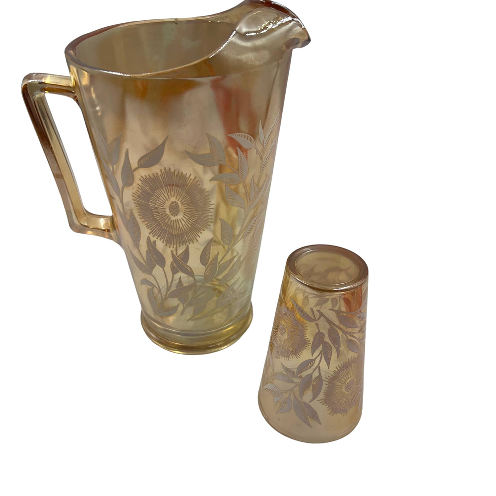 Vintage Pitcher & Cup Glass Etched Floral Greenery Iridescent MidCentury Modern